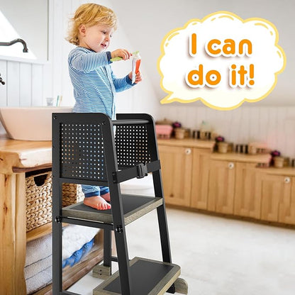 Kitchen Step Stool for Kids, Learning Tower for Toddlers 1-3, Kitchen Tower with Anti-Slip Mat and Adjustable Stand, Wood Metal Standing Stool for Counter, Light Brown and Black