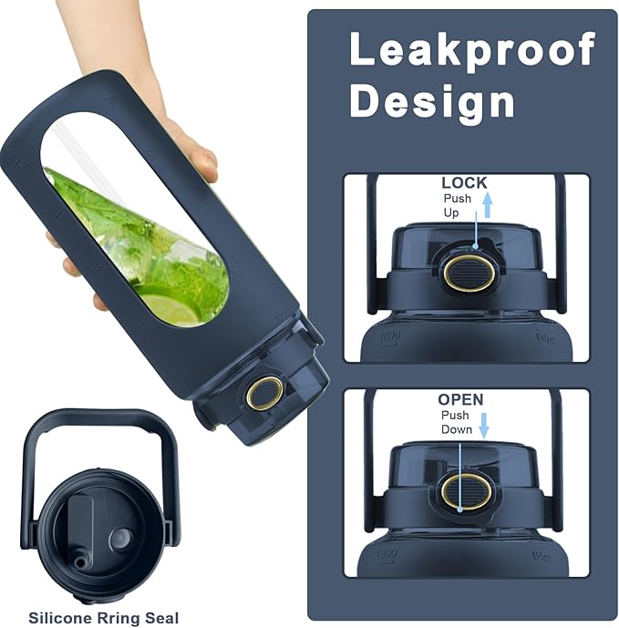 64 Oz Glass Water Bottle with Straw and Lid, Sports Motivational Water Bottle, Leakproof Water Jug Fitness with Silicone Sleeve for Gym, Blue