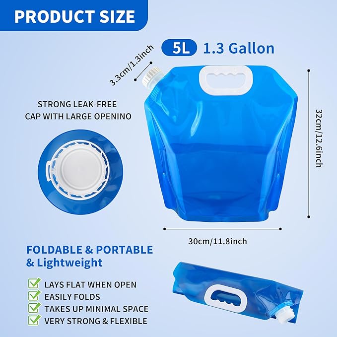 5 Pcs Collapsible Water Bottles Container Bag, 1.3 Gallon No-Leak Freezable Water Storage Bag, BPA Free Food Grade Plastic Storage Water Jug for Outdoors Camping Hiking Backpack Emergency