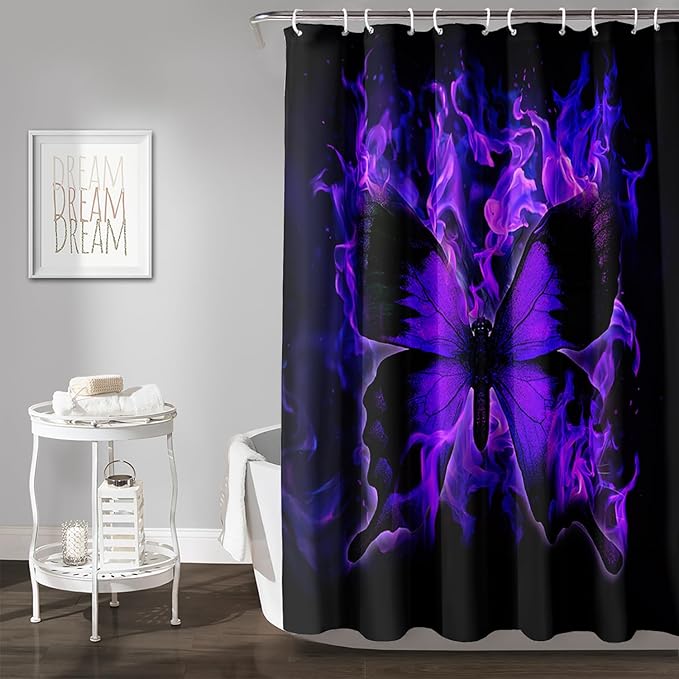 AILONEN Butterfly Shower Curtain for Bathroom, Purple Fire Butterfly Bath Curtain,Minimalism Fashion Bathroom Curtain,72" W*72" H Polyester Waterproof with 12 Plastic Hooks