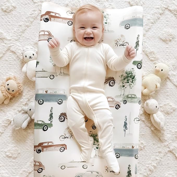 GRSSDER Stretchy Ultra Soft Jersey Knit Changing Pad Cover Set 2 Pack, Change Table Pad Covers Fit 32"/34" x 16" Pads Safe and Snug, Pretty Diaper Changing Pad Covers of Car Print
