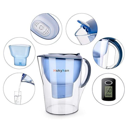 Alkaline Water Filter Pitcher - 3.5 Liters Improve PH, BPA Free, 2 Long Lasting Filters Included, Replacement cartridge timer, 7 Stage Filtration System (Blue)