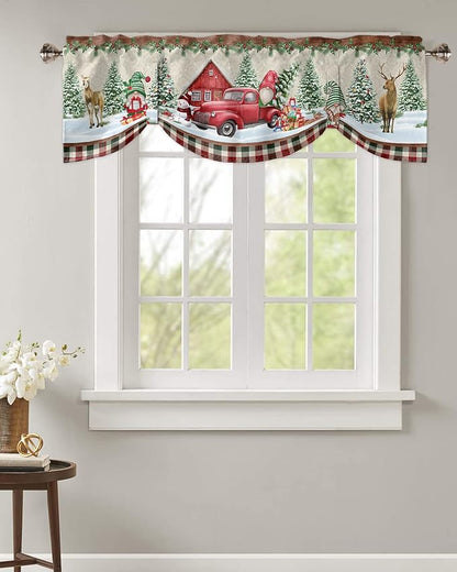 Christmas Farmhouse Blackout Tie Up Valance Curtains for Kitchen Windows Red Truck Gnomes Window Toppers Balloon Shades for Living Room/Bathroom/Bedroom,1 Panel,42" X 18" Winter Holiday Snowman