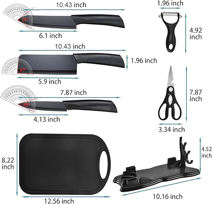 Magicorange 7-Piece Kitchen Knife Set - 5 Black Stainless Steel Knives with Sheaths, Cutting Board, and a Knife Block- Stainless Steel Kitchen Knives with PP Ergonomic Handle (Black)