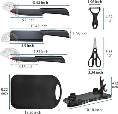 Magicorange 7-Piece Kitchen Knife Set - 5 Black Stainless Steel Knives with Sheaths, Cutting Board, and a Knife Block- Stainless Steel Kitchen Knives with PP Ergonomic Handle (Black)