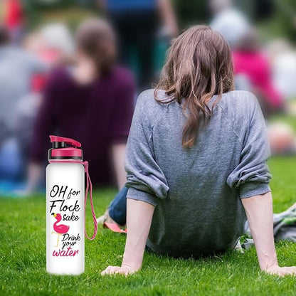 LEADO 32 oz 1 Liter Motivational Tracking Water Bottle with Times to Drink - for Flock Sake Drink Your Water - Funny Mothers Day, Flamingo Birthday Gifts for Women, Friends, Mom, Daughter, Her