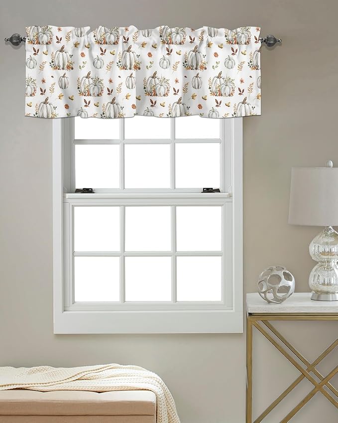 Vandarllin Fall Floral Leaves Kitchen Curtains Valances for Windows Thanksgiving Pumpkins Rod Pocket Window Treatment for Kitchen/Living Room/Bedroom/Bathroom,60" X 18"-1 Panel, Boho