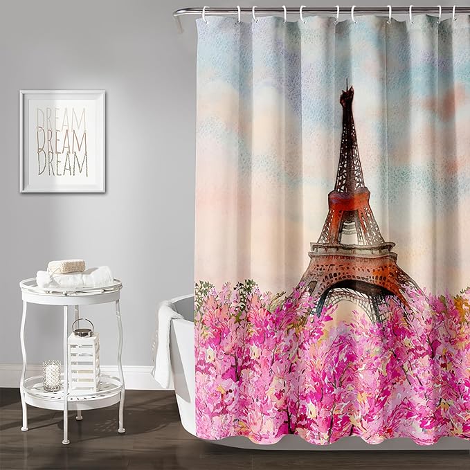 AILONEN Paris Tower Shower Curtain,Romantic Tower Theme Waterproof Fabric Shower Curtain Set for Girls Kids Teens, 72" W*96" H Pink Flowers Dreamy Eiffel Tower Shower Curtain