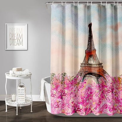 AILONEN Paris Tower Shower Curtain,Romantic Tower Theme Waterproof Fabric Shower Curtain Set for Girls Kids Teens, 72" W*96" H Pink Flowers Dreamy Eiffel Tower Shower Curtain