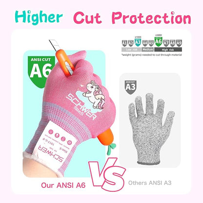Schwer 2 Pairs MINI-KIDDO Kids Garden Gloves MN1917, ANSI A6 Kids Cutting Gloves, Food Grade Kids Cooking Gloves Cut Resistant for Gardening, Wood Carving, Whittling, Kitchen and DIY (S, 9–14 Years)