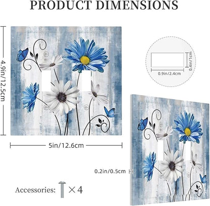Rustic Teal Blue Daisy Floral Double Toggle Light Switch Covers 2 Gang Wall Plate Dual Decorative Switchplate Electrical Faceplate for Country Bathroom Bedroom Kitchen Decor