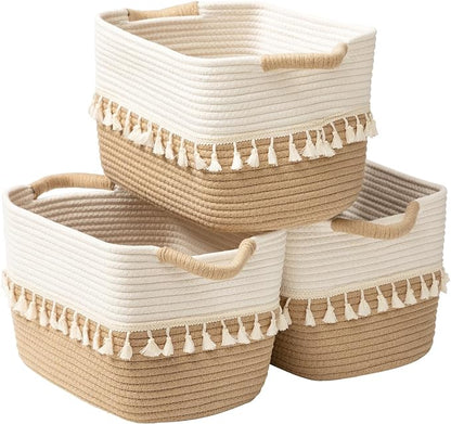 TeoKJ Woven Storage Bin Set of 3, Cotton Rope Basket for Storage, Clothes Boho Storage Basket Bin for Organizing and Storage, Fabric Storage Basket for Books, Plants, Pet Treats, White & Jute