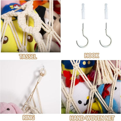 Stuffed Animal Net or Hammock Wall Hanging Net for Stuffed Animal Storage Macrame Toy Display Plush Toy Holder Soft Toy Organizer for Nursery Baby Bedroom Playroom-Cream