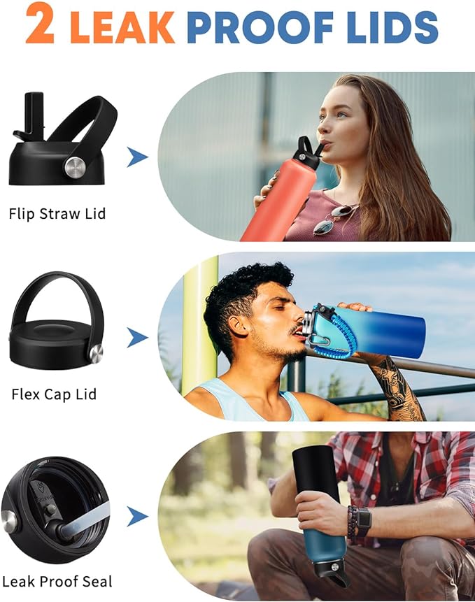 40 oz Insulated Water Bottle with Straw - Flex Cap Lids, Paracord Handle, Bottle Carrier Bag w/Strap, Vacuum Stainless Steel Water Bottles, Double Wall Flask Metal Water Flask Jug