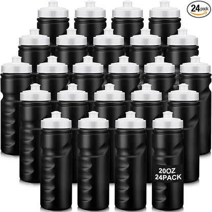 24 Pcs Sports Water Bottles Bulk 20 oz Squeeze Bottle Black Reusable Plastic Water Bottles with Pull Top Cap Leak Proof Water Bottles for Adults Kids Gym, Hiking, Camping, Outdoor Sports