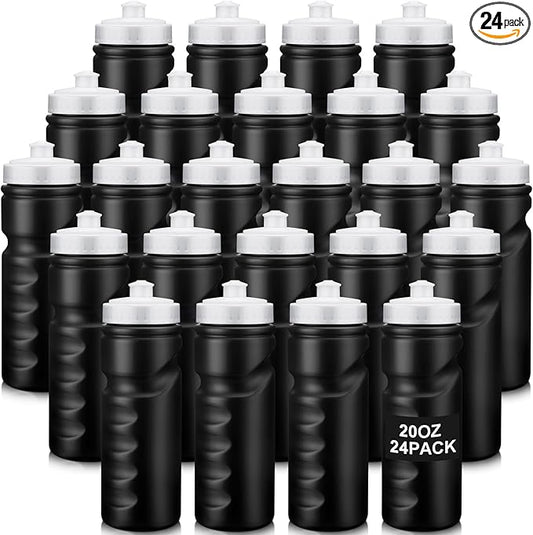 24 Pcs Sports Water Bottles Bulk 20 oz Squeeze Bottle Black Reusable Plastic Water Bottles with Pull Top Cap Leak Proof Water Bottles for Adults Kids Gym, Hiking, Camping, Outdoor Sports