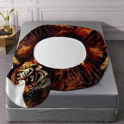 AILONEN Tiger Fitted Sheet Set Queen Size, 3D Fire Animal Tiger Bed Sheet Wildlife Sheet Set,Teen Boys 3 Pieces Printed Safari Tiger Fitted Sheet with 2 Pillowcases