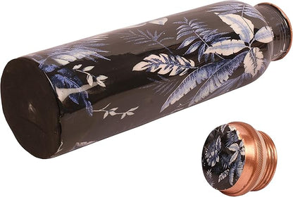 Pure Copper Water Bottle - Handcrafted - Ayurveda health benefits - Large 35 oz - Leak proof - Easy to carry for Sports, Fitness, Yoga, School - Indigo Blue Artistic Petals Motifs Enamel