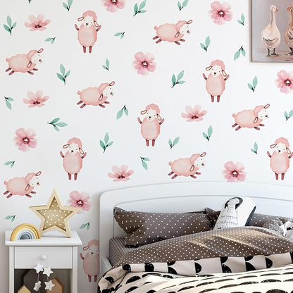 5 Sheets Cartoon Animal Wall Decal Removable DIY Pink Sheep Wall Decal Peel and Stick Flowers and Leaves Wall Stickers Wall Art for Baby Nursery Bedroom Living Room Playroom Decor