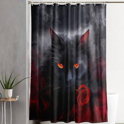 AILONEN 3D Black Cat Shower Curtain,Cat with Red Rose Polyester Cloth Bath Curtain Set for Kids Boys,Fog with Flowers Waterproof Shower Curtain for Bathroom, 72" W*78" H Black