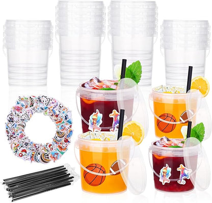 30 Pcs Ice Cream Buckets with Lids and Handles Drink Rum Buckets for Parties Cocktails Reusable Clear Plastic Food Containers with 50 Pcs Sports Stickers