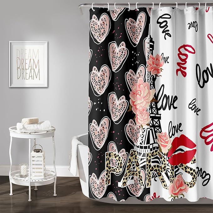 AILONEN Heart Love Shower Curtain for Bathroom, Black and White Eiffel Tower Print Bath Curtain,Pink Hearts Girls Women Shower Curtain Decoration Waterproof with 12 Plastic Hooks, 72" W*78" H