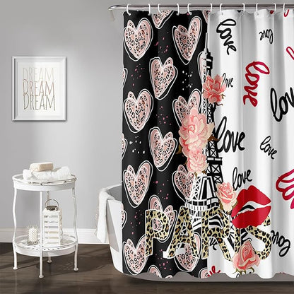 AILONEN Heart Love Shower Curtain for Bathroom, Black and White Eiffel Tower Print Bath Curtain,Pink Hearts Girls Women Shower Curtain Decoration Waterproof with 12 Plastic Hooks, 48" W*72" H