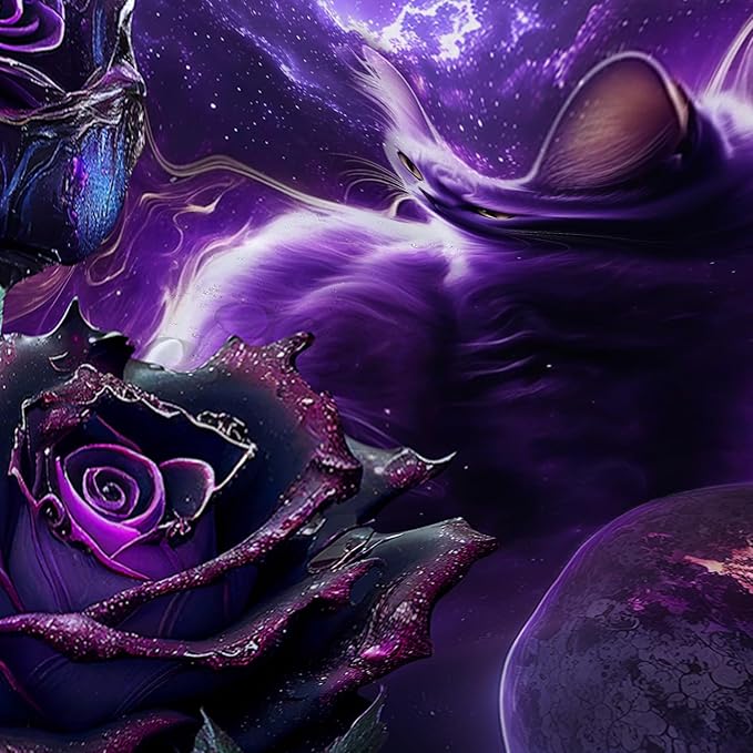 AILONEN 3D Cat Shower Curtain Set, Oil Purple Rose with Black Cat Cloth Bath Curtain for Kids Boys Girls,Boho Starry Night Shower Curtain for Bathroom,72" W*96" H