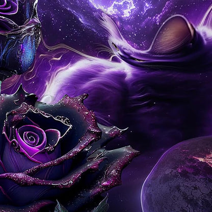 AILONEN 3D Cat Shower Curtain Set, Oil Purple Rose with Black Cat Cloth Bath Curtain for Kids Boys Girls,Boho Starry Night Shower Curtain for Bathroom,72" W*96" H