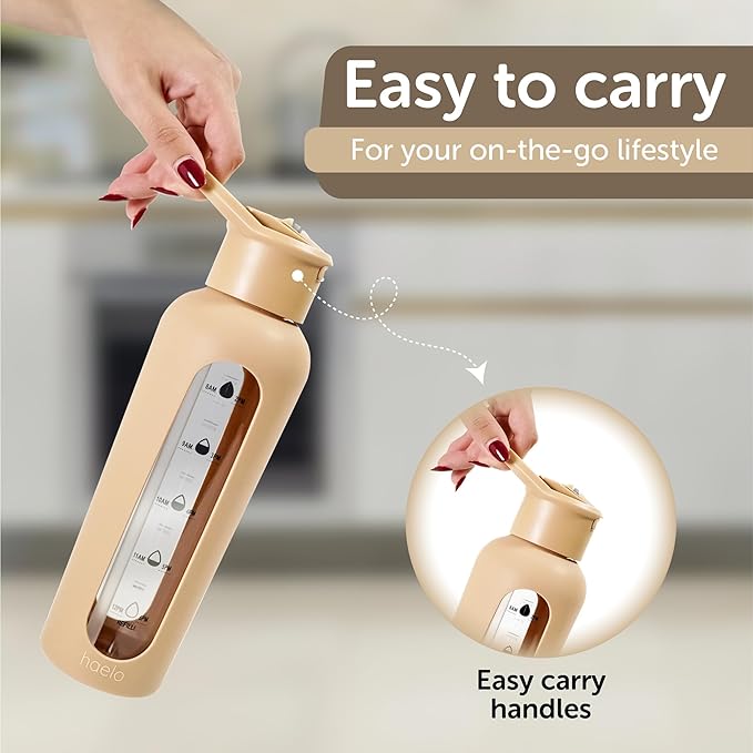 24oz Glass Motivational Water Bottle with Flip Lid Straw, Silicone Protective Sleeve, Handle, Reusable BPA Free (Dune)