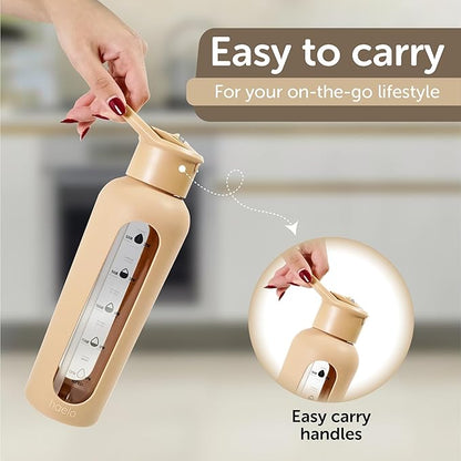 24oz Glass Motivational Water Bottle with Flip Lid Straw, Silicone Protective Sleeve, Handle, Reusable BPA Free (Dune)
