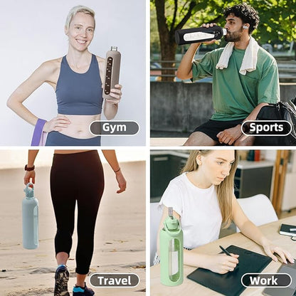 32 oz Glass Water Bottles with Straw Borosilicate Glass Water Bottle with Time Marker Motivational Water Bottles with Silicone Sleeve Leak Proof Reusable BPA Free