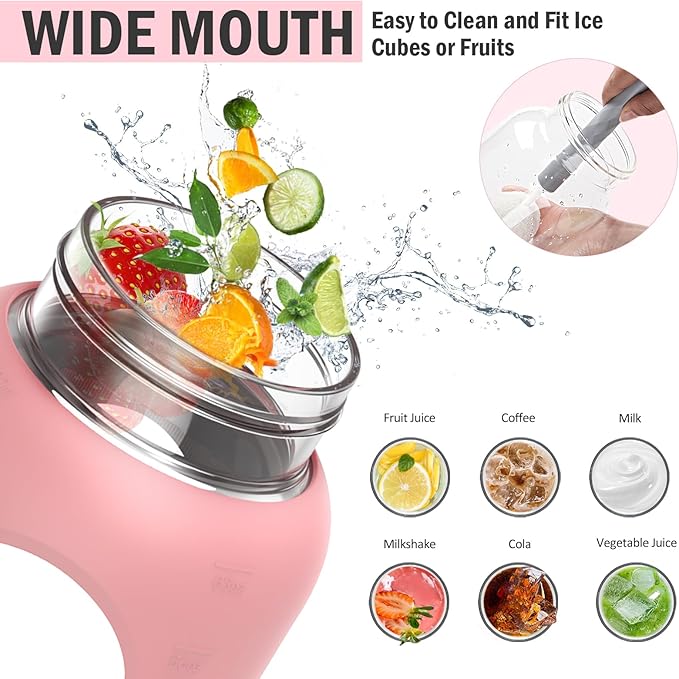 84oz Glass Water Bottle with Stainless Steel Handle,2.5L Gallon Water Bottle With 2-IN-1 Straw Lid, Silicone Sleeve and Motivational Capacity Marker, Wide Mouth Water Jug For Gym, Workout, Pink