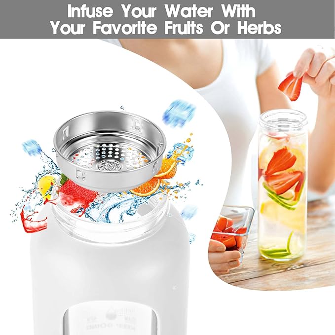 32 oz Glass Water Bottles with Straw - Motivational Glass Water Bottle with Time Marker & Silicone Sleeve - Reusable Glass Tumbler Includes 2 Bamboo Lids & Fruit Infuser - 1 Pack