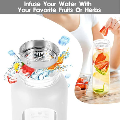 32 oz Glass Water Bottles with Straw - Motivational Glass Water Bottle with Time Marker & Silicone Sleeve - Reusable Glass Tumbler Includes 2 Bamboo Lids & Fruit Infuser - 1 Pack