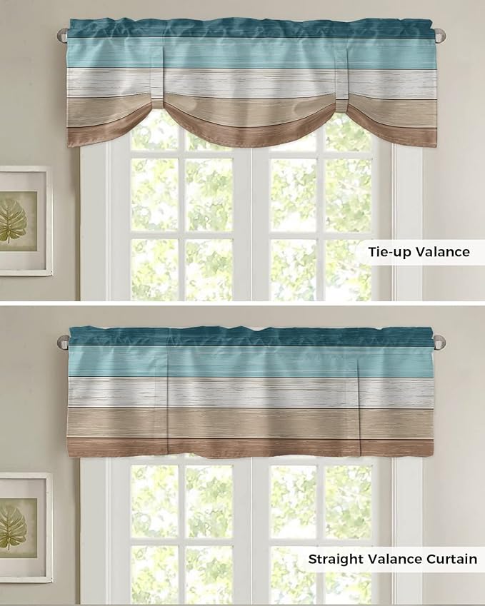 Farmhouse Blackout Tie Up Valance Curtains for Kitchen Windows,Teal Blue Brown Beach Window Toppers Balloon Shades for Living Room/Bathroom/Bedroom,1 Panel,42" X 12" Retro Rustic Barn Wood Texture