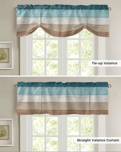 Farmhouse Blackout Tie Up Valance Curtains for Kitchen Windows,Teal Blue Brown Beach Window Toppers Balloon Shades for Living Room/Bathroom/Bedroom,1 Panel,42" X 12" Retro Rustic Barn Wood Texture