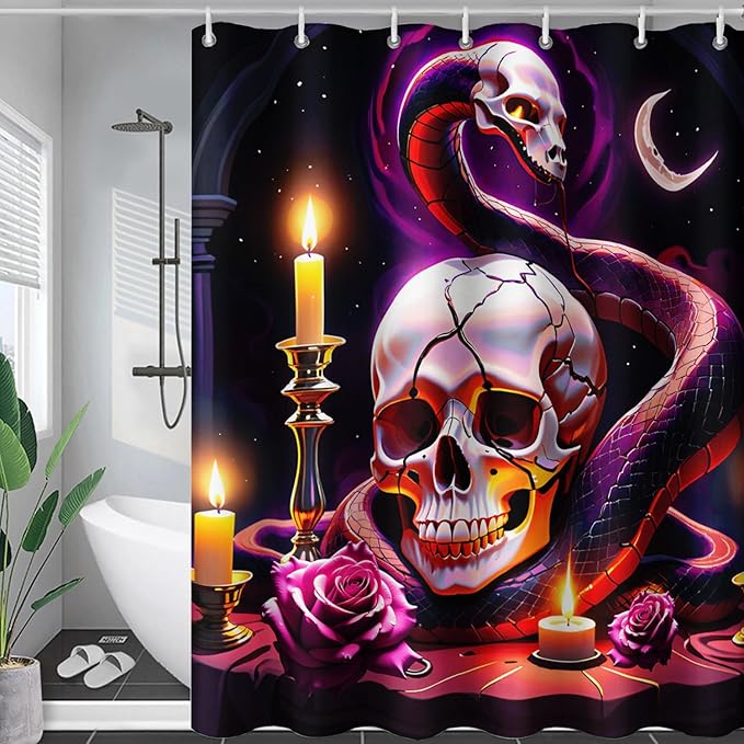 AILONEN Gothic Skull Shower Curtain for Bathroom,Terror Snake Skull Bath Curtain Decoration,Starry Skull Skeleton Print Waterproof Purple Curtain with 12 Plastic Hooks, 72" W*84" H