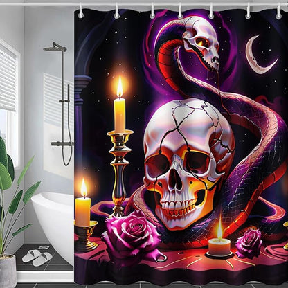 AILONEN Gothic Skull Shower Curtain for Bathroom,Terror Snake Skull Bath Curtain Decoration,Starry Skull Skeleton Print Waterproof Purple Curtain with 12 Plastic Hooks, 72" W*84" H