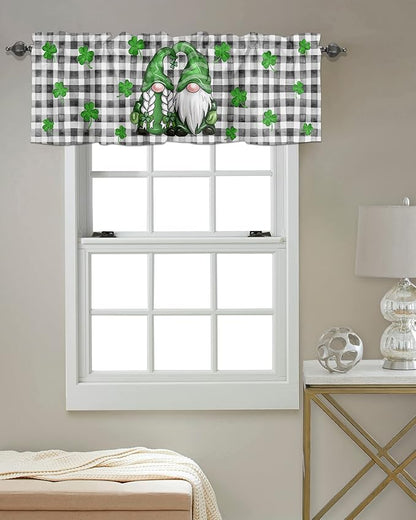 St. Patrick's Day Valances Kitchen Curtains for Windows,Buffalo Plaid Shamrock Gnome Elf Rod Pocket Valances Seasonal Spring Holiday Farmhouse Decor Short Curtains for Bedroom,54" X 18" -1 Panel