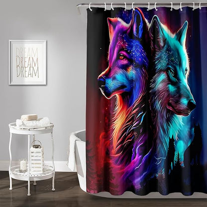 AILONEN Wolf Shower Curtain,Evening Howling Wolf Bath Curtain for Bathroom Decor,Wildlife Shower Curtain for Teens,Polyester Waterproof with 12 Plastic Hooks 48" W*72" H