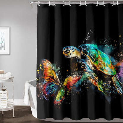 AILONEN Sea Turtle Shower Curtain, Tie Dye Turtle and Butterfly Bathroom Curtain,Minimalist Black Bath Curtain 72" W*84" H Polyester Waterproof Bathroom Curtain with 12 Hooks