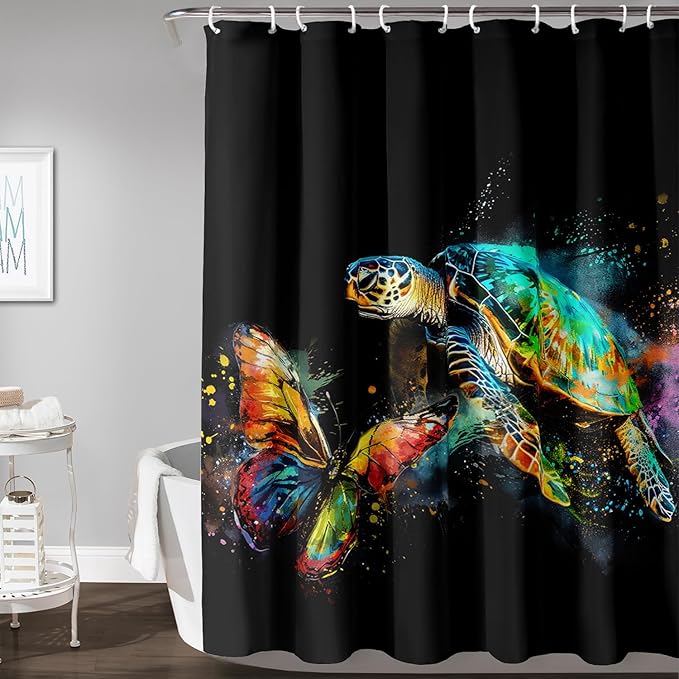 AILONEN Sea Turtle Shower Curtain, Tie Dye Turtle and Butterfly Bathroom Curtain,Minimalist Black Bath Curtain 72" W*96" H Polyester Waterproof Bathroom Curtain with 12 Hooks