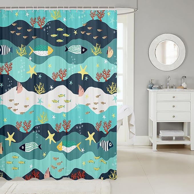 Feelyou Cartoon Fish Shower Curtain 72"x78" Kids Marine Life Sea Bathroom Shower Curtain Set for Boys Girls Teens Ocean Marine Themed Bath Curtain Summer Sea Starfish Bathroom Accessories