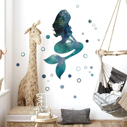Mermaid Wall Stickers - Enchanting Blue & Green Design, 70cm x 27.5in, with 90 Bubbles