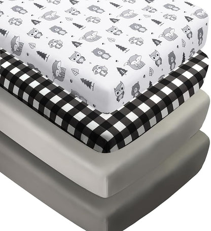 4 Pack Woodland Forest Animals Wood Neutral Unisex Fitted Baby Crib Sheets Set for Baby Boys or Girls Black and White