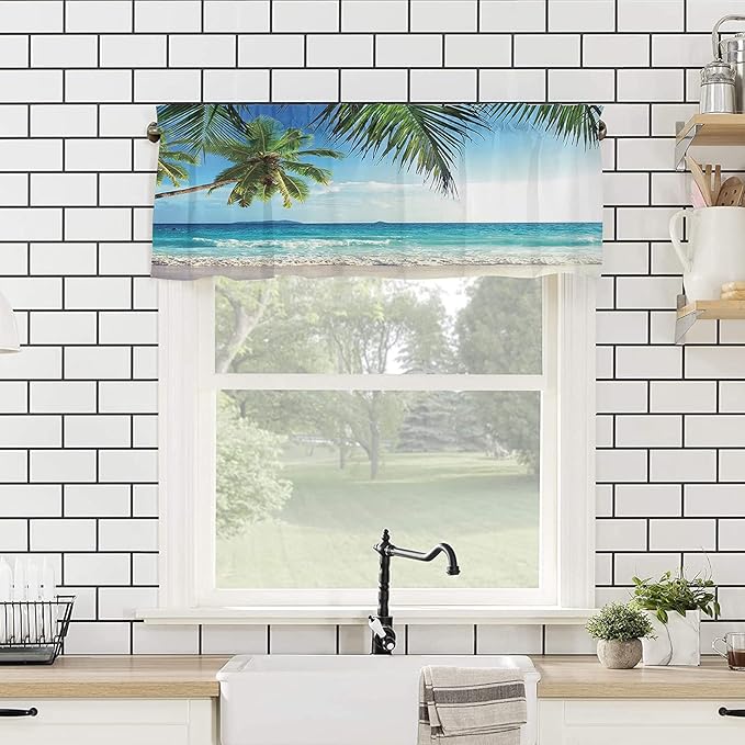 Kitchen Curtains and Valances Set,Palms Tree Ocean Tropical Sea Window Treatments Tiers Beach Theme Semi Sheer Half/Short Curtains for Small Windows Cafe /Living Room/ Bedroom 54x36 in, 3-Piece