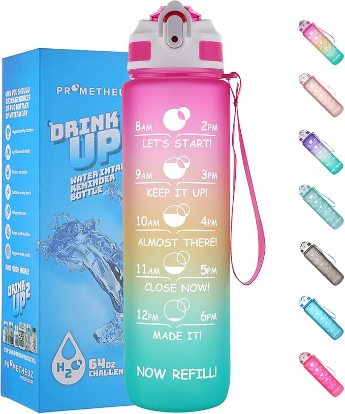 PROMETHEUZ Sports Water Intake Reminder Bottle with Time Marker and Straw, Leakproof Tritan BPA-Free, Fast Flow, Pink Yellow Mint, 32 oz