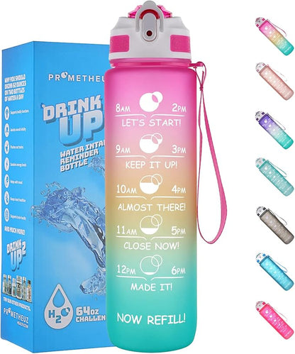 PROMETHEUZ Sports Water Intake Reminder Bottle with Time Marker and Straw, Leakproof Tritan BPA-Free, Fast Flow, Pink Yellow Mint, 32 oz