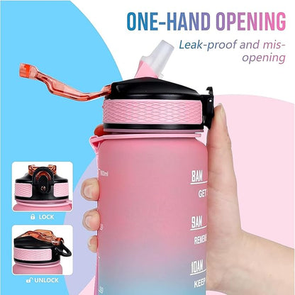 Pug Dog Themed 32 oz Water Bottle with Times Marker to Drink and Straw, Carrying Strap, Leakproof Tritan BPA-Free, Ensure You Drink Enough Water for Fitness, Gym, Camping, Outdoor Sports